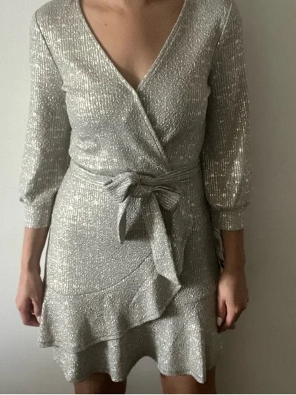 City Studio Silver Wrap Dress with Tie Waist